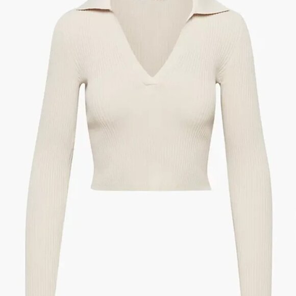 Aritzia Babaton Matte Pearl Sculp Knit Polo Long Sleeve Top Size M - Picture 2 of 7